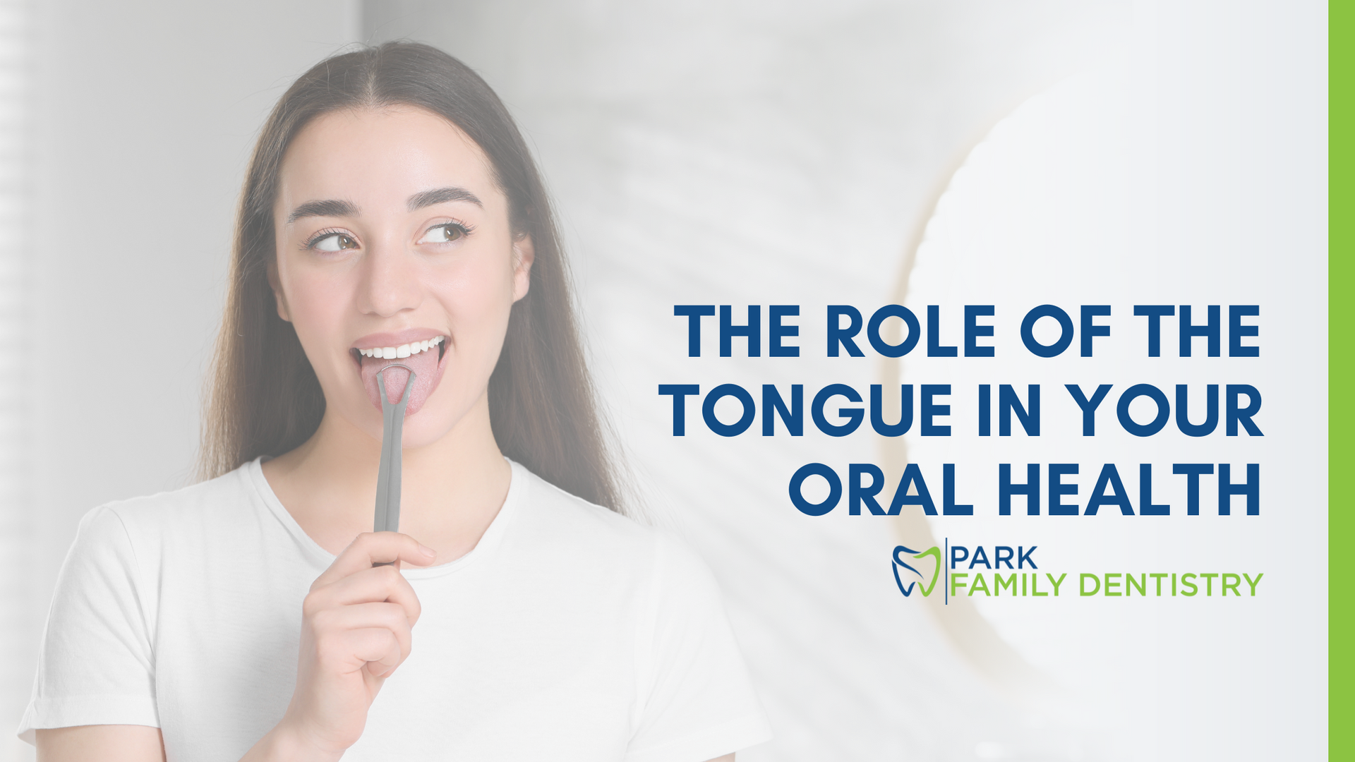 A woman is brushing her teeth with a tongue cleaner.