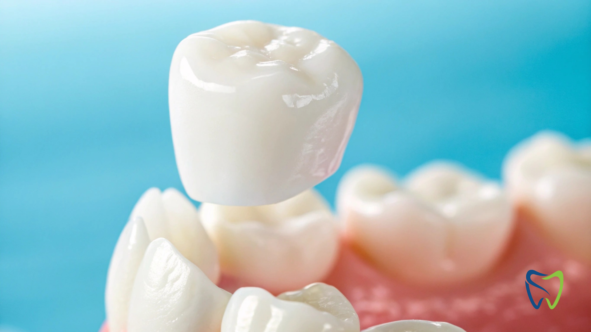 Dental crown held above prepared teeth. White, glossy, and on a blue background.