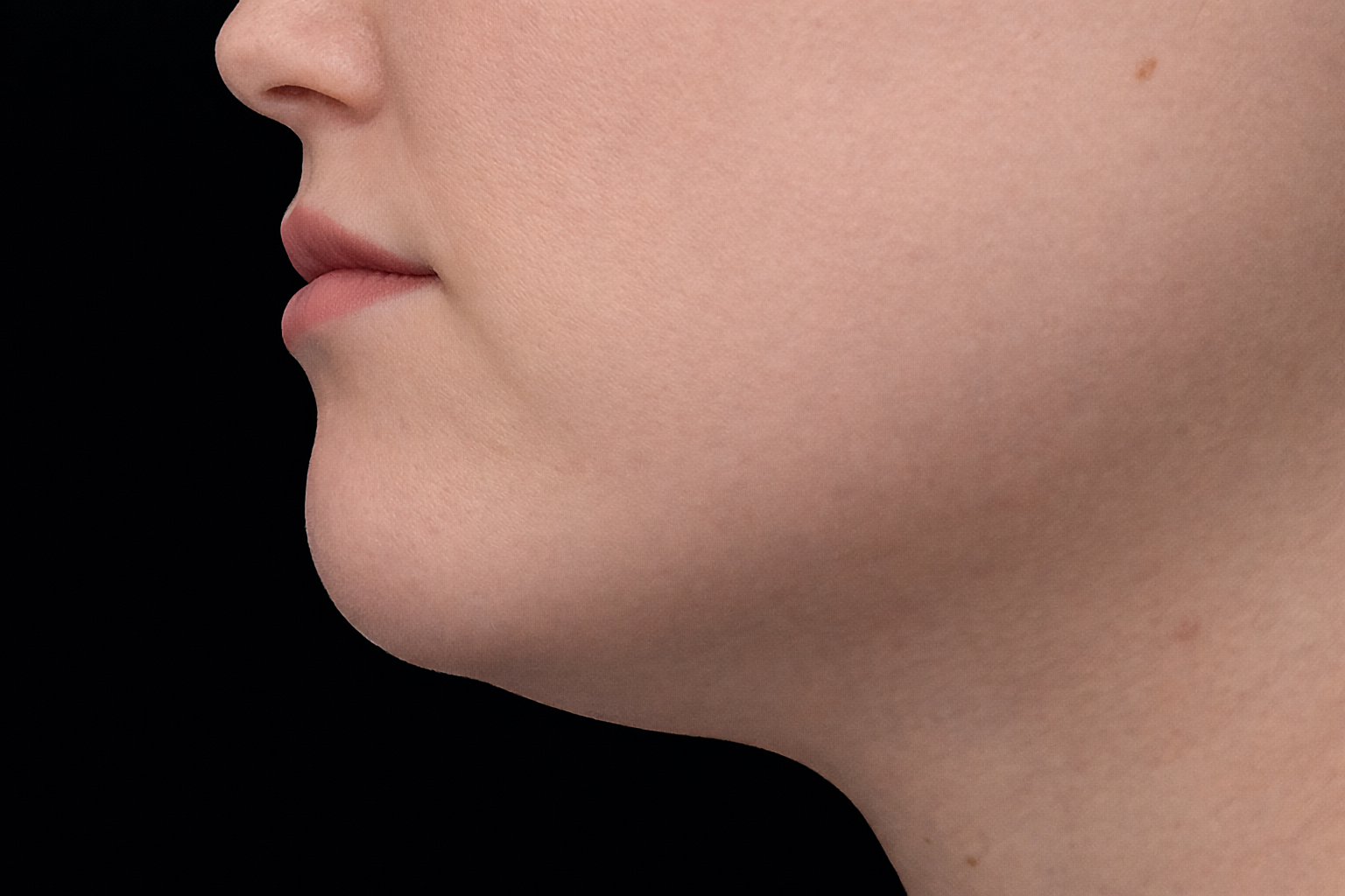 Profile view of a person's face, focused on the jawline and chin, against a dark background.