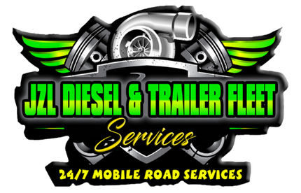 Logo for JZL Diesel & Trailer Fleet Services: green, yellow, and silver with a turbo, pistons, and wings. Text includes
