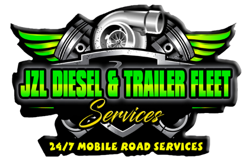 Logo for JZL Diesel & Trailer Fleet Services: green, yellow, and silver with a turbo, pistons, and wings. Text includes