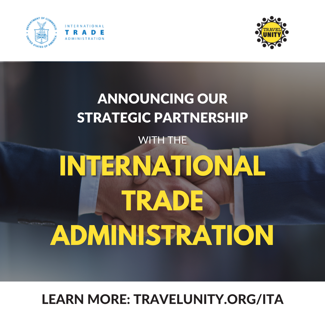 Graphic image announcing strategic partnership between ITA and Travel Unity