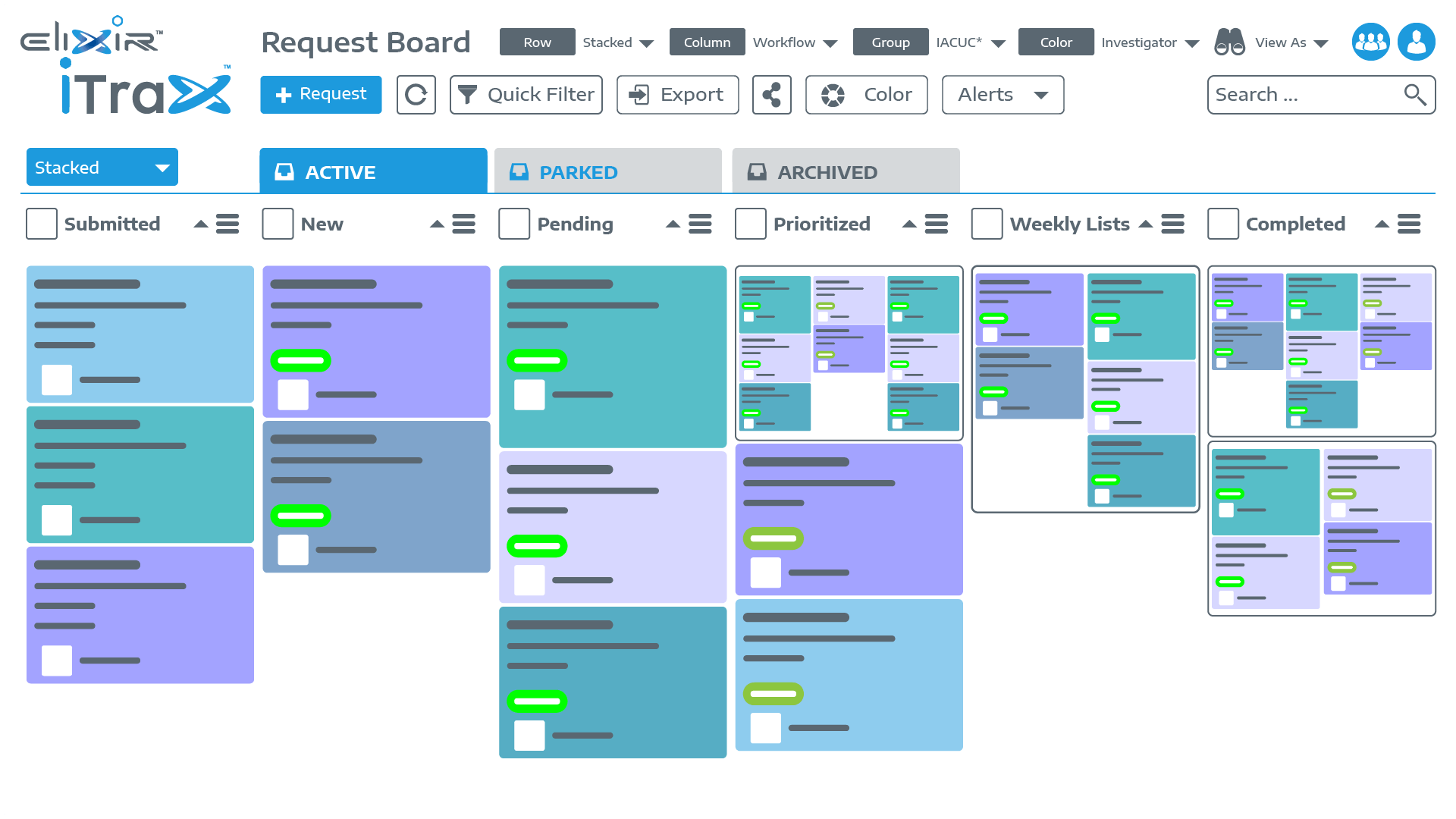 iTraX Kanban view (lo-fi)