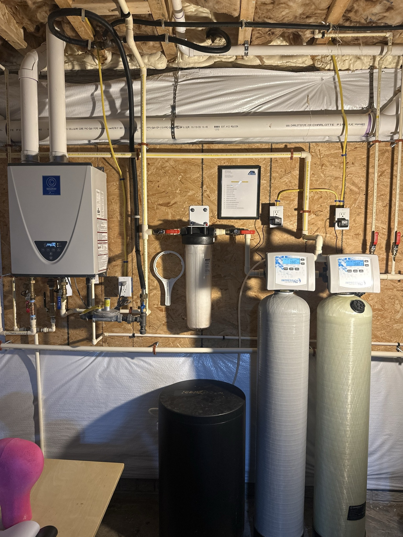A utility room wall features a tankless water heater, a water filter, and two treatment tanks installed on plywood.