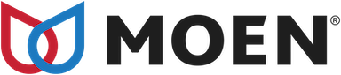 The Moen logo, featuring a red and blue stylized water droplet icon next to the word "MOEN" in black bold font.