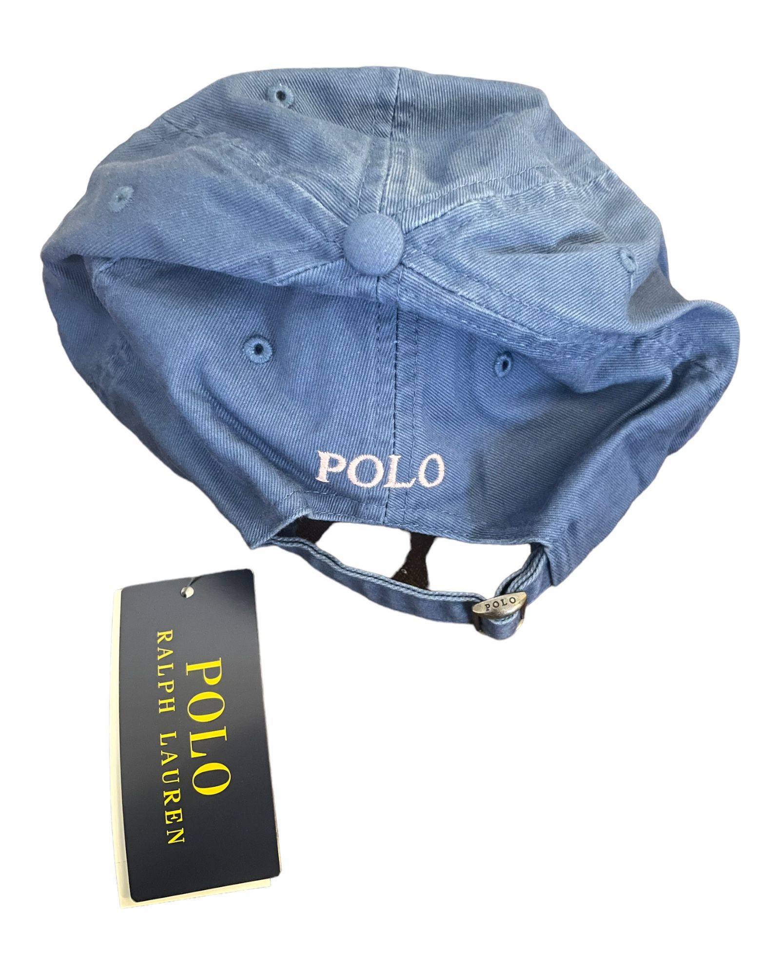 Blue polo hat with pink logo