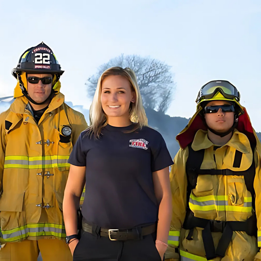 Three firefighters posing: one female in a blue shirt, two in yellow protective gear with helmets.