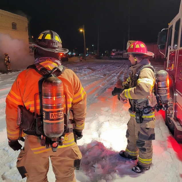 Two firefighters in gear at night near a fire truck and a building with smoke.