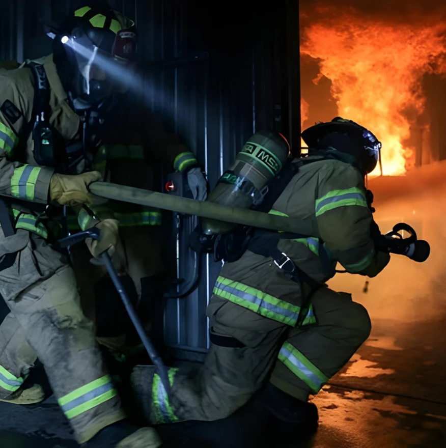 Firefighters entering a building engulfed in flames. One holds a nozzle, the other, a tool, wearing protective gear.