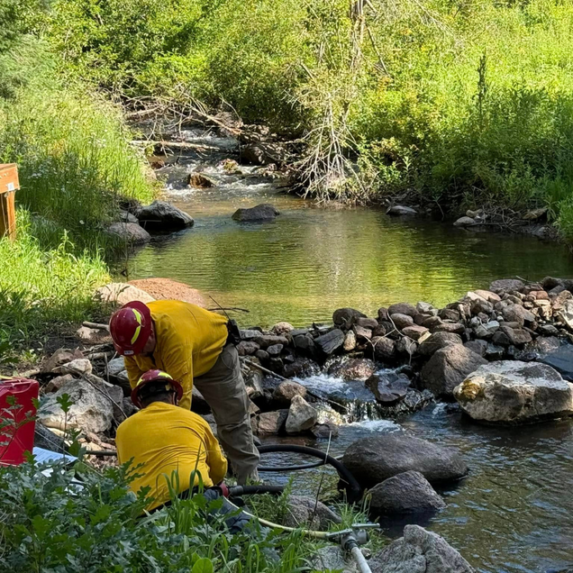 Two firefighters in yellow gear near a stream, likely getting water. Green vegetation surrounds.