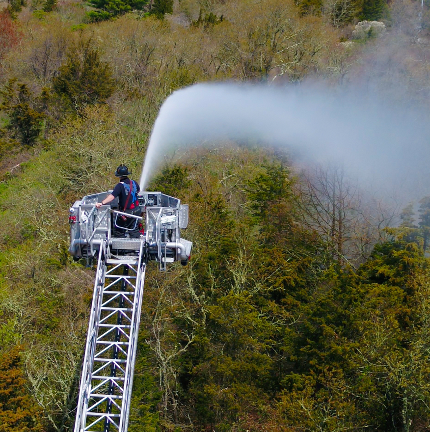 Firefighter in aerial bucket sprays water onto trees.
