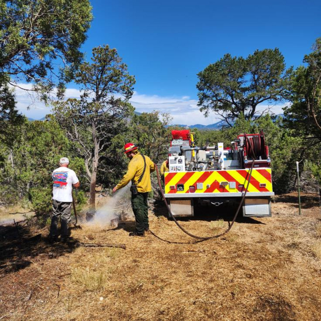 Firefighters spraying water on scorched ground near a fire truck in a wooded area under a blue sky.