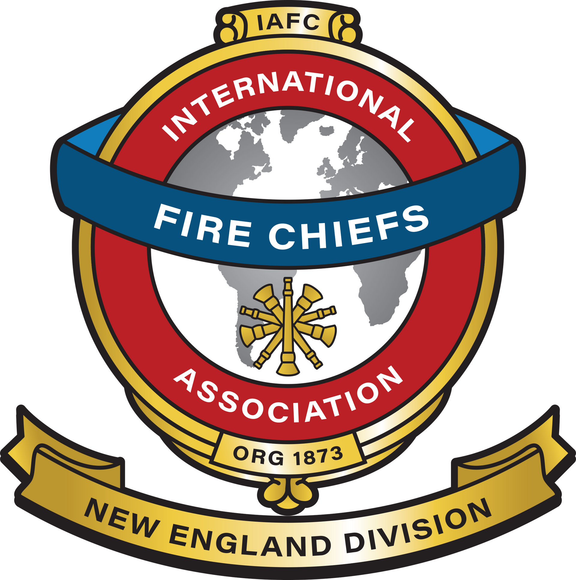 Logo for International Fire Chiefs Association, New England Division: Globe, Maltese cross, red, blue, gold, text.