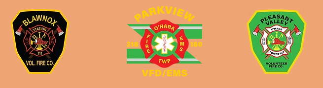 Logos for Blarnox VFD, Parkview Twp VFD EMS, and Pleasant Valley VFD, on an orange background.