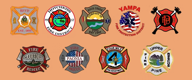 Ten fire department logos on an orange background.