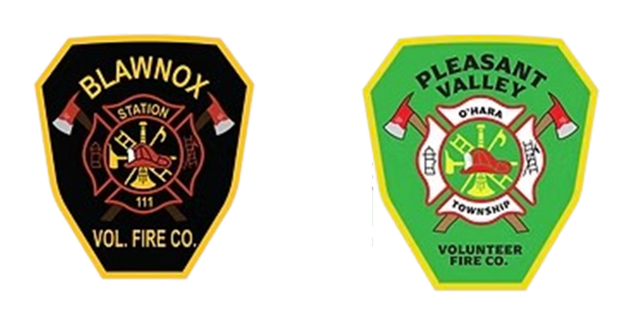Logos for Blawnox Vol. Fire Co., Parkview VFD/EMS, and Pleasant Valley Volunteer Fire Department.