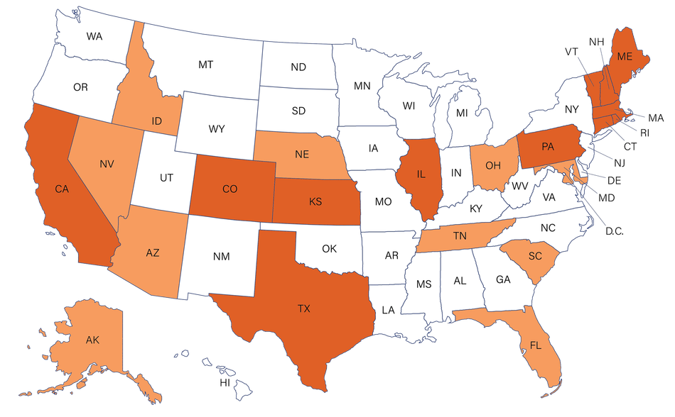 Map of the United States with states shaded in varying shades of orange, likely representing data.