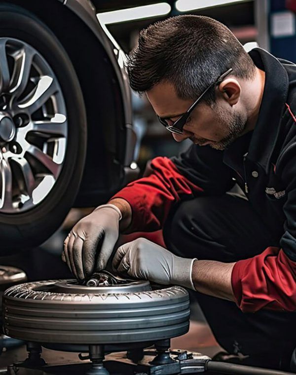 A man is working on a car in a garage.
