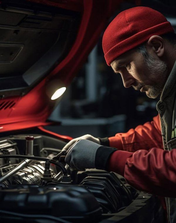 A man in a red hat is working on a car engine.