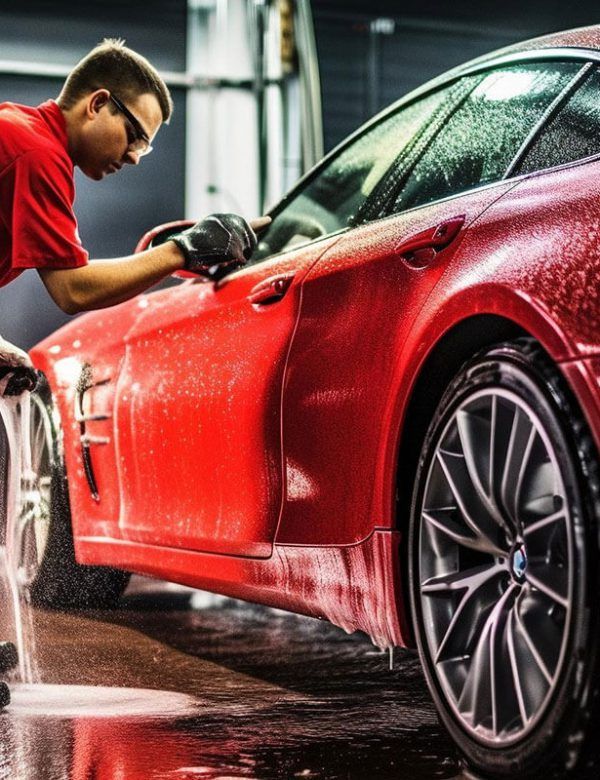 A man is washing a red car in a garage.