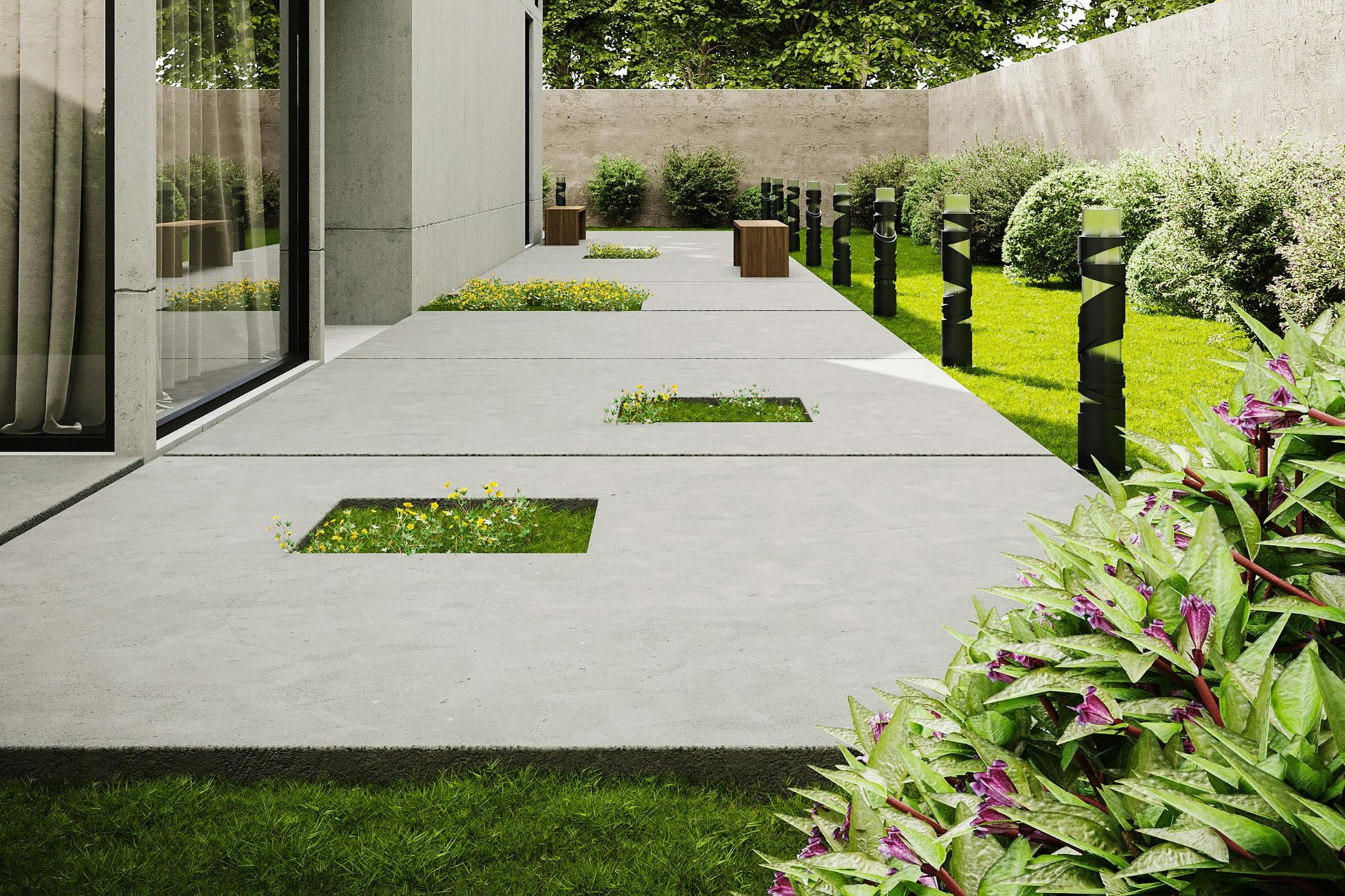 Modern patio with concrete slabs, square grass insets, and landscaped greenery beside glass walls