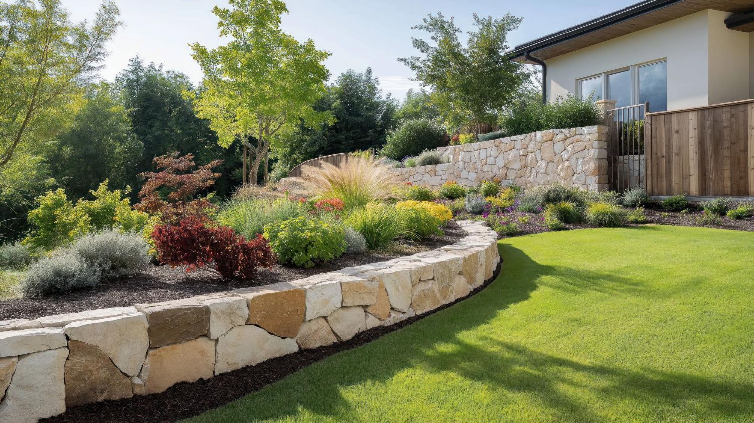 A house with a large lawn and a stone wall in front of it.