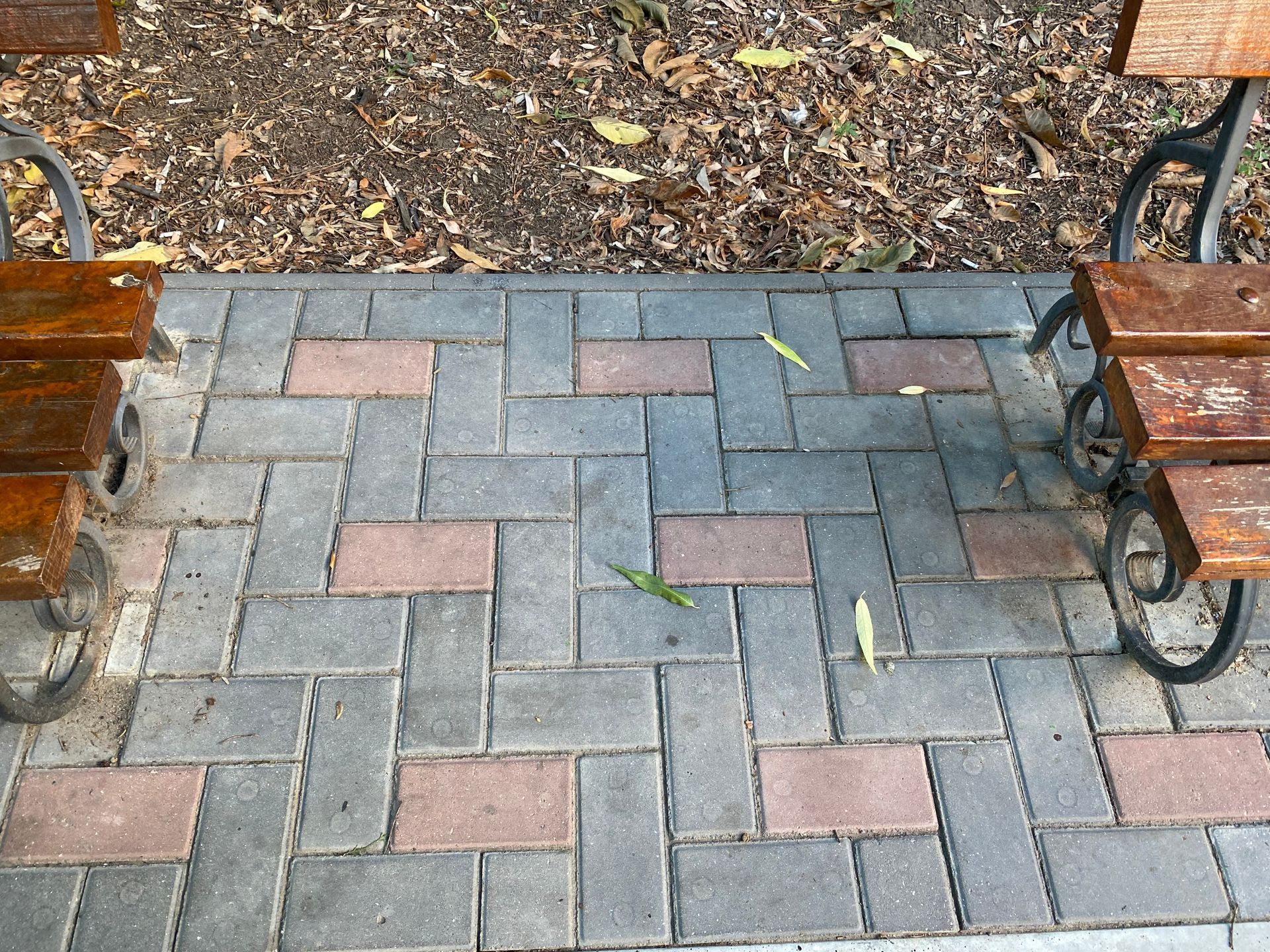 Brick walkway with two park benches, fallen leaves, and some debris.