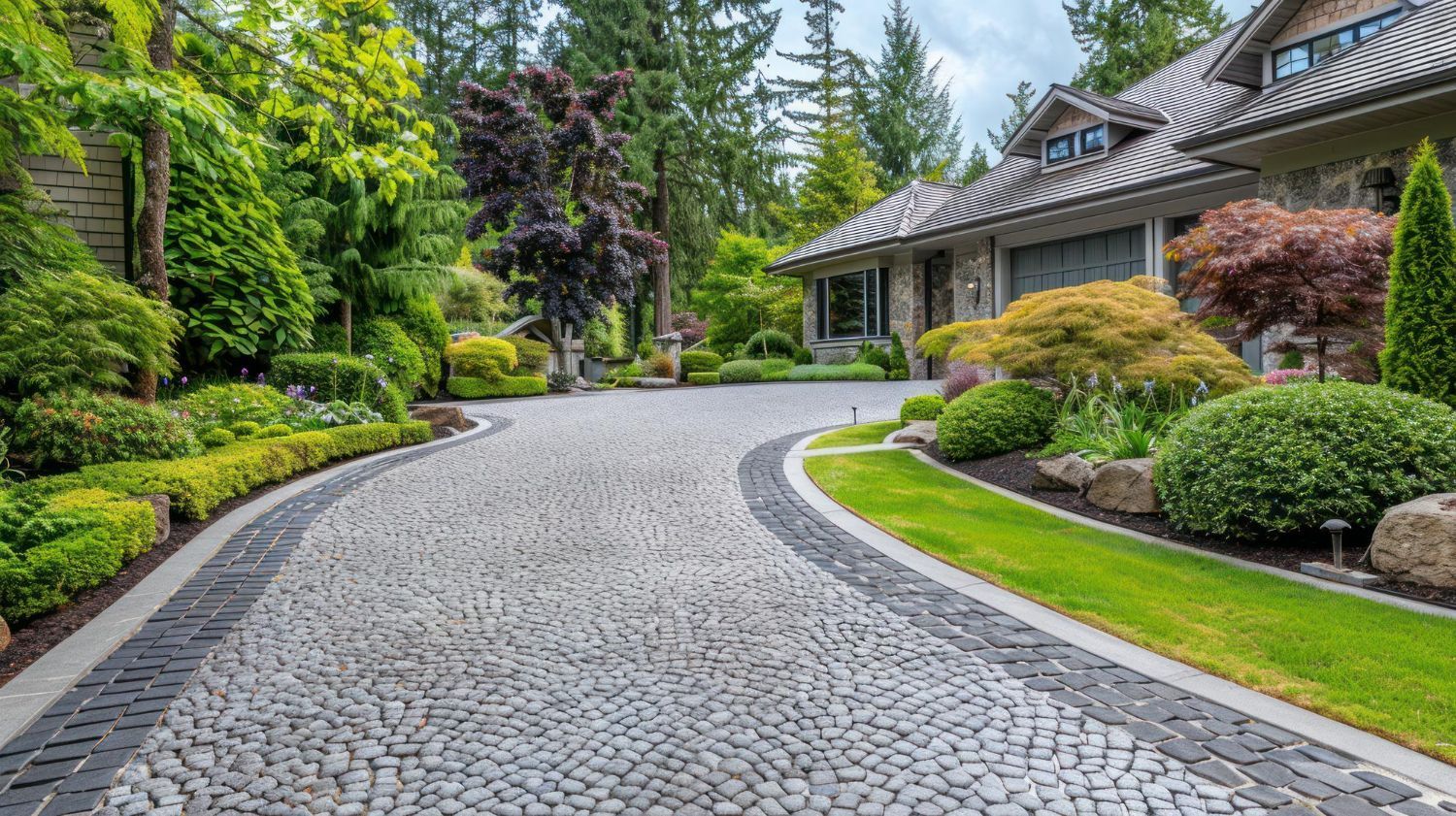 A cobblestone driveway leading to a large house surrounded by trees and bushes.
