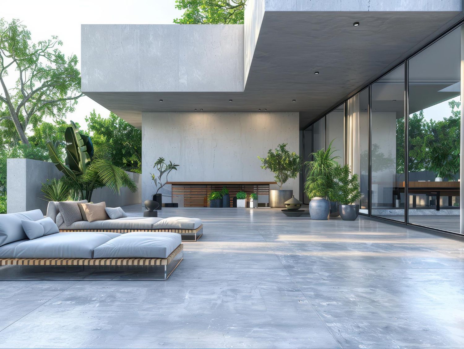 A patio with a couch and ottomans in front of a modern house.