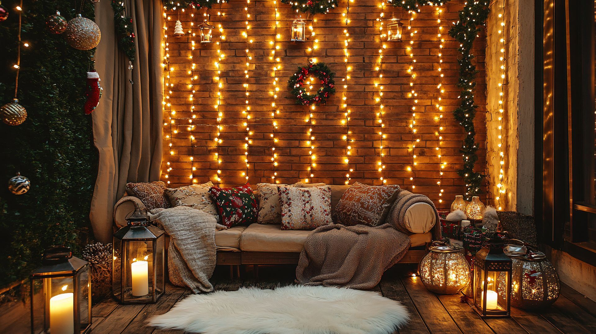 Cozy, lit-up outdoor space with fairy lights, sofa, and lanterns. Christmas decorations on brick wall.