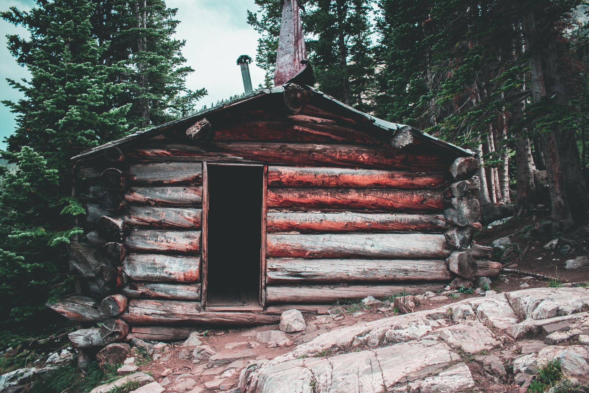 Small rustic log cabin with open door among tall pine trees and rocks