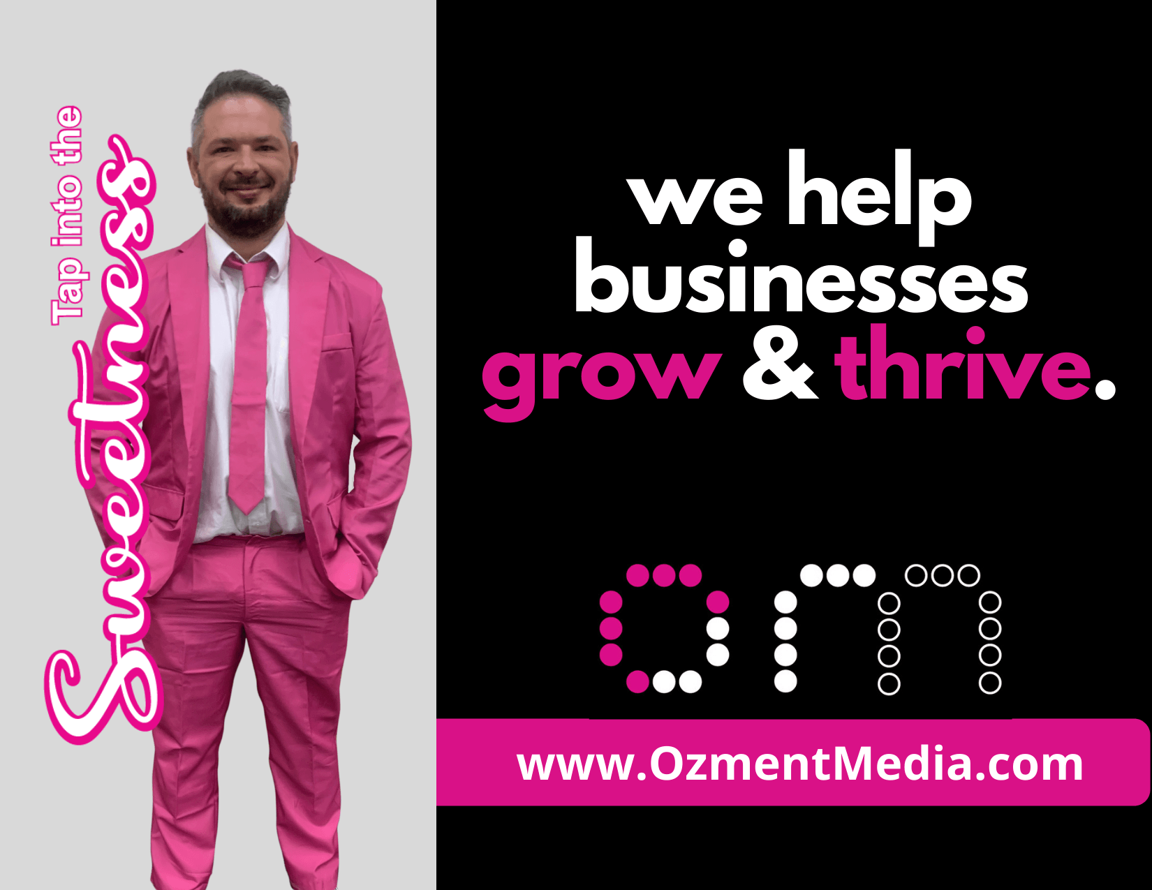 A man in a pink suit and tie is standing next to a sign that says we help businesses grow and thrive.