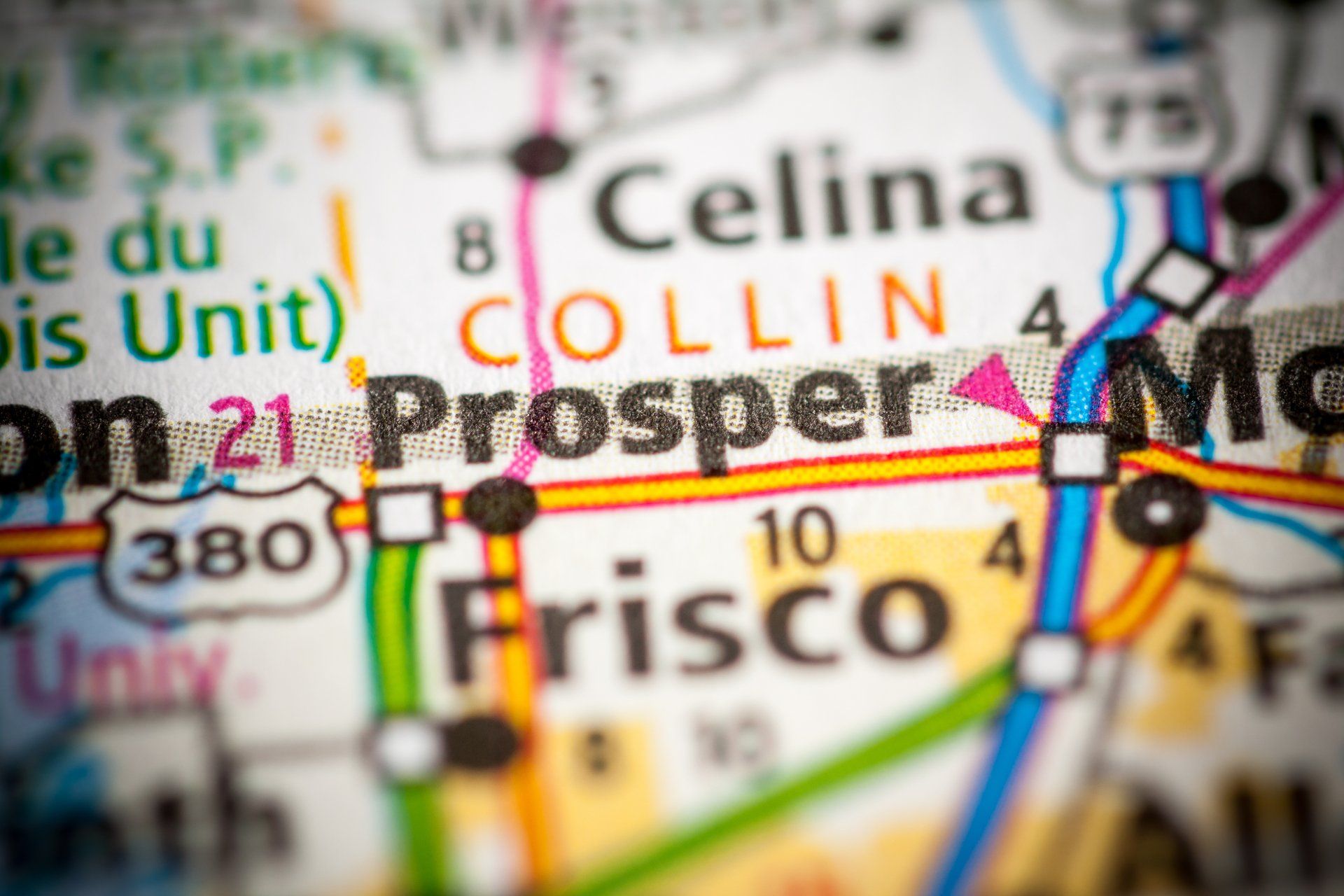 A close up of a map showing celina collin prosper and frisco