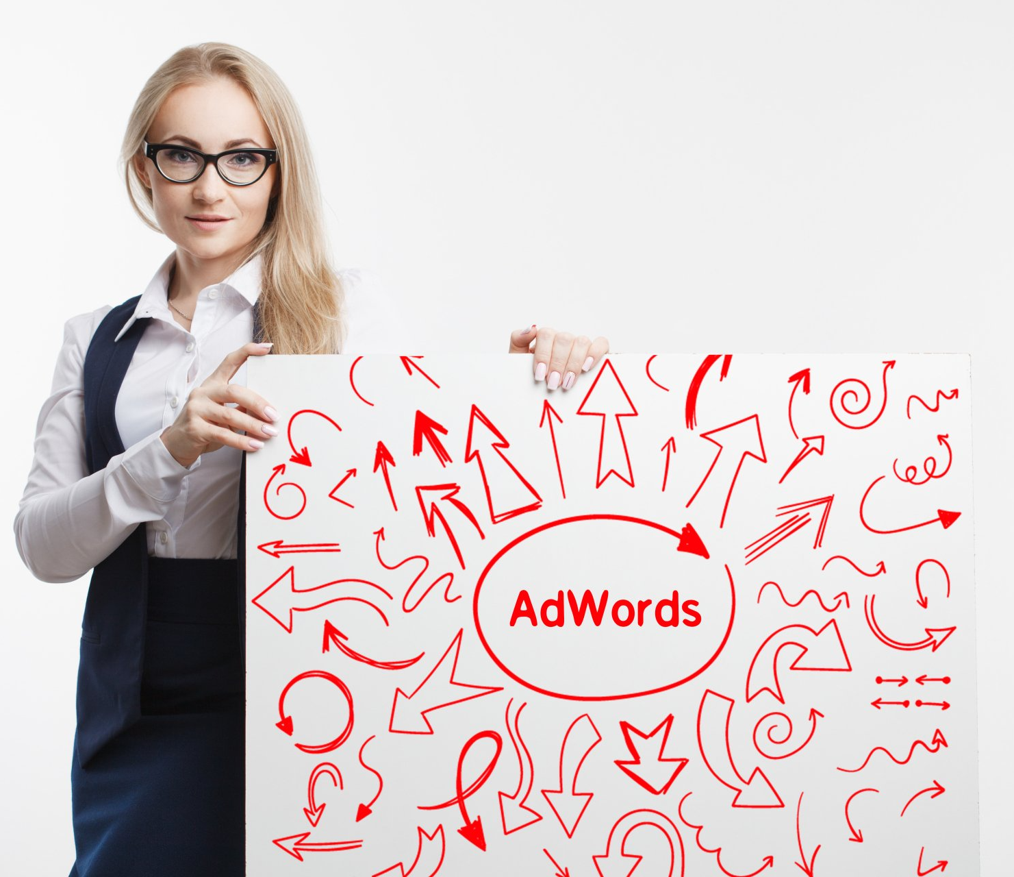 A woman is holding a sign that says adwords on it