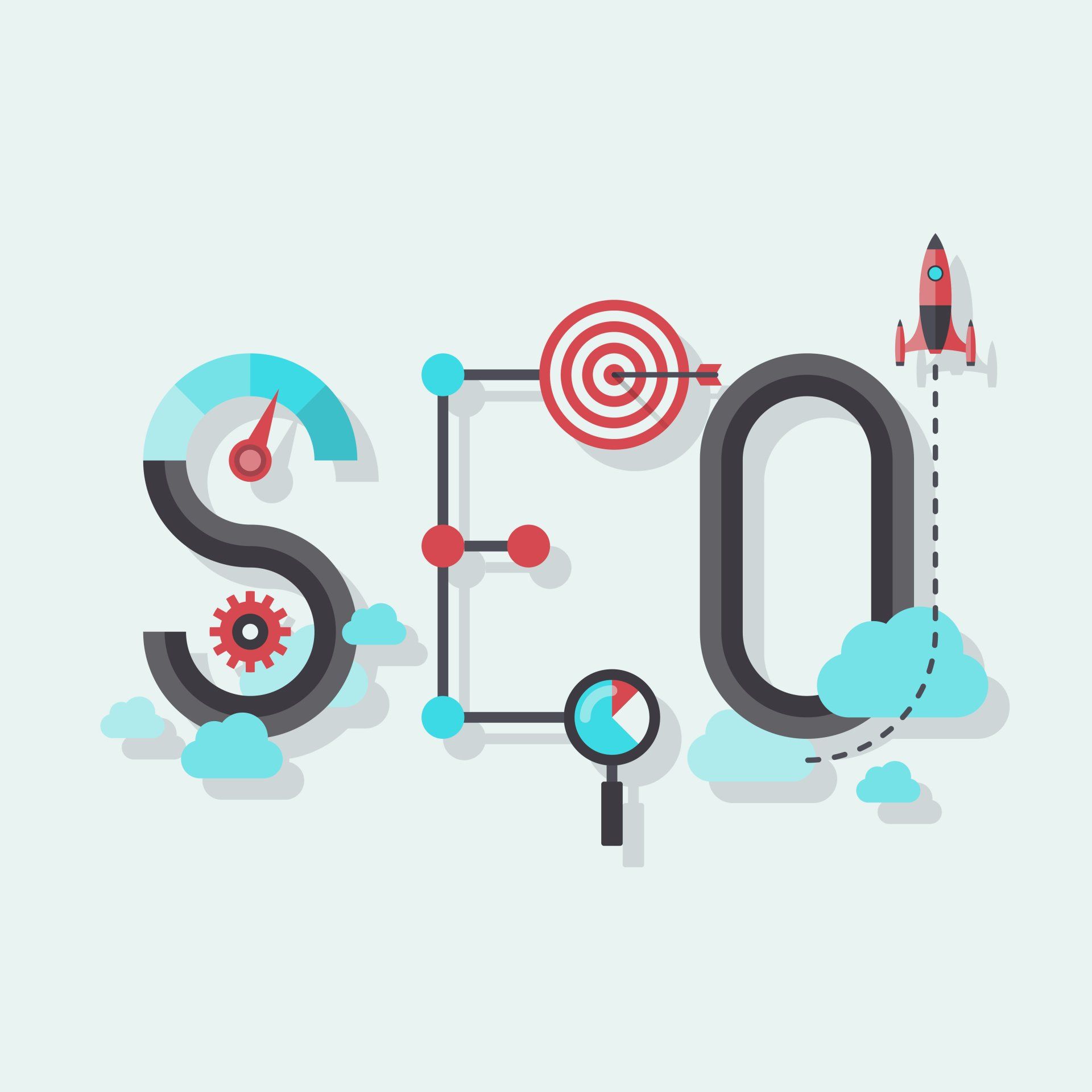 An illustration of the word seo with a magnifying glass and a rocket.