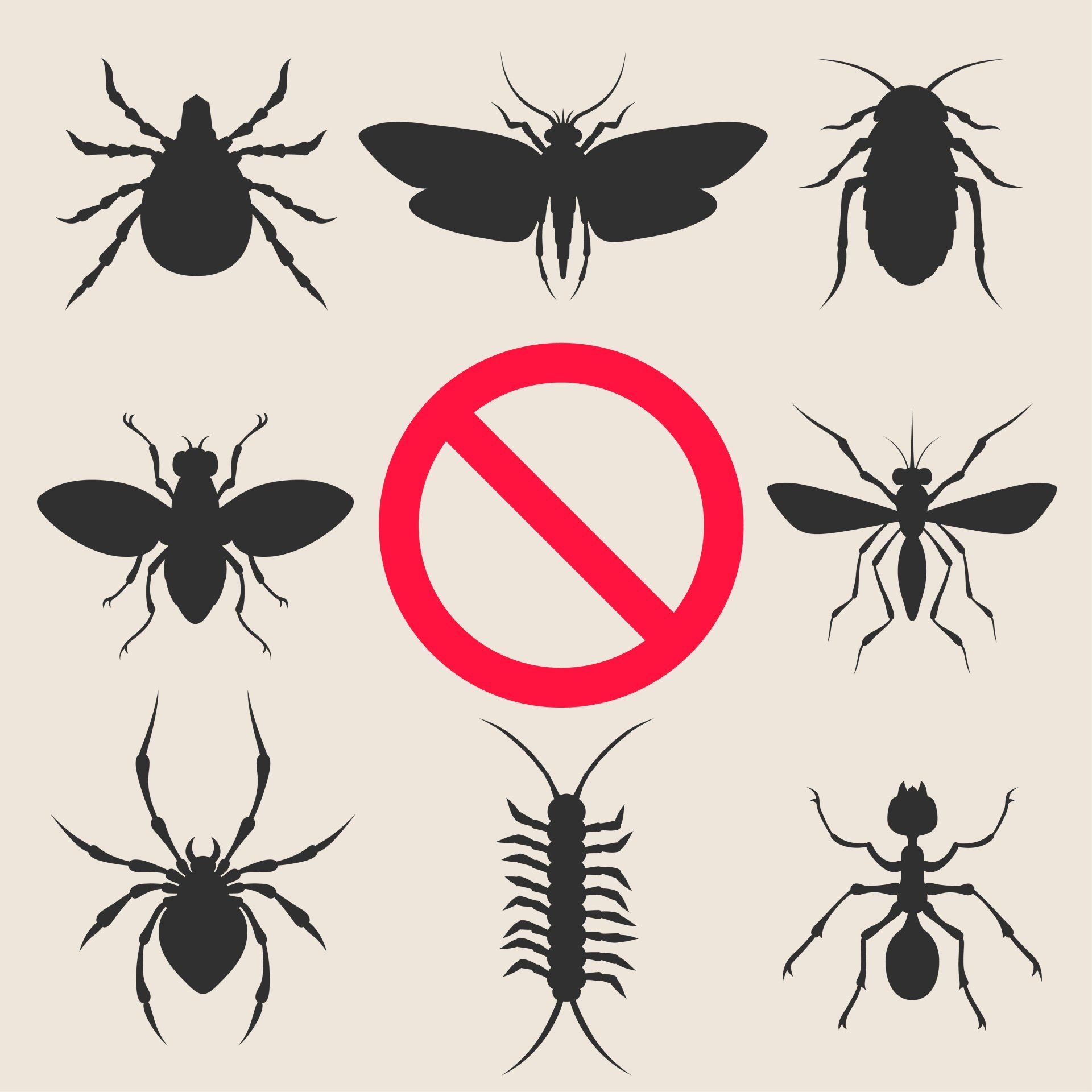 A set of silhouettes of insects with a no sign in the middle