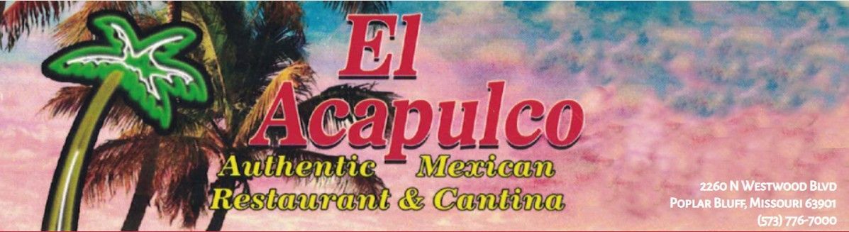 Logo for El Acapulco Authentic Mexican Restaurant & Cantina with a palm tree on a pink and purple sunset background.