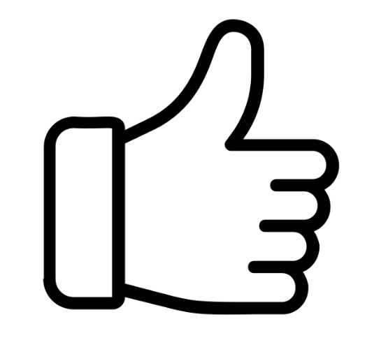 Thumb up symbol. Hand with thumb raised, white with black outline.