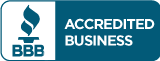 BBB Accredited Business logo. White, teal, and blue badge. Includes a flame icon and text.