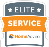 HomeAdvisor Elite Service badge: gray top, orange banner with white text, HomeAdvisor logo.