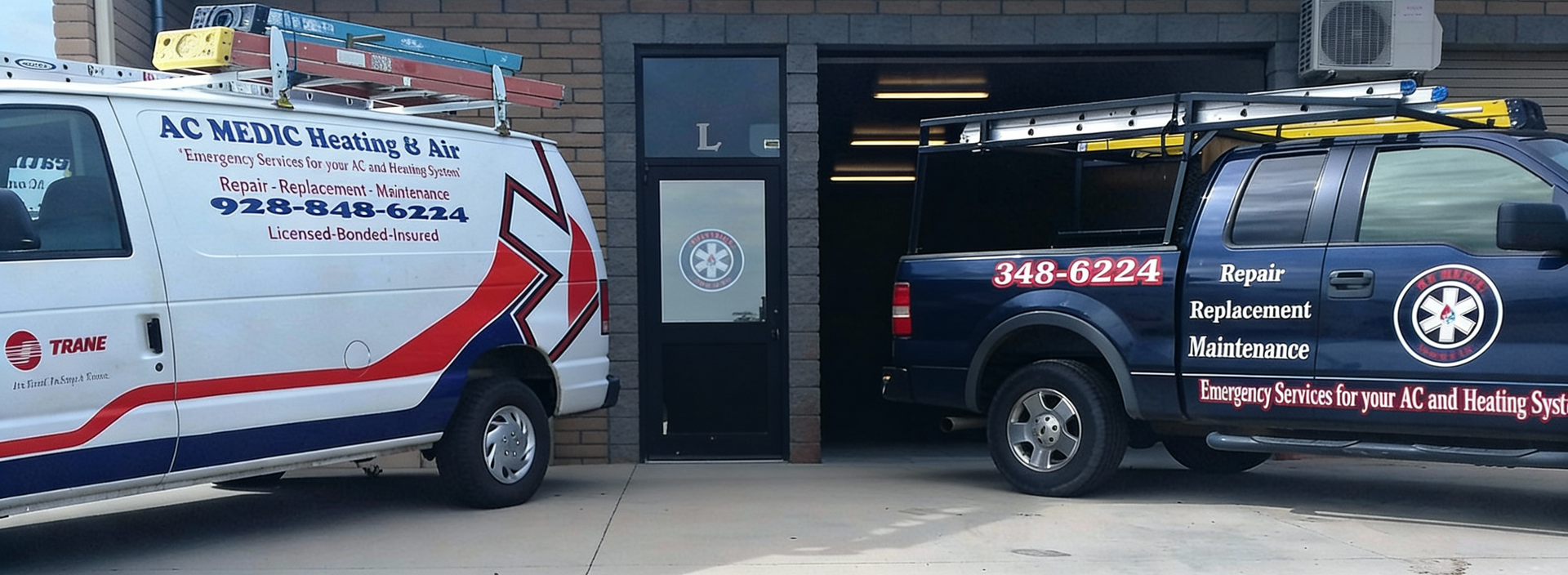 Two company vehicles parked in front of a building; a van and a truck. Both have logos related to HVAC services.