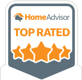 HomeAdvisor Top Rated badge with orange stars and logo on a gray background.