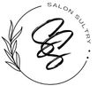 Black-and-white salon logo with a circular laurel wreath and abstract center mark, reading “SALON SULTRY.”