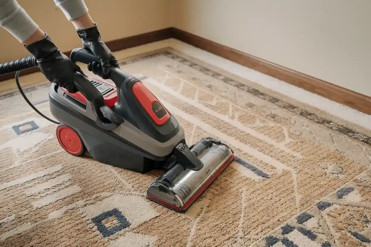A person is using a vacuum cleaner to clean a rug.