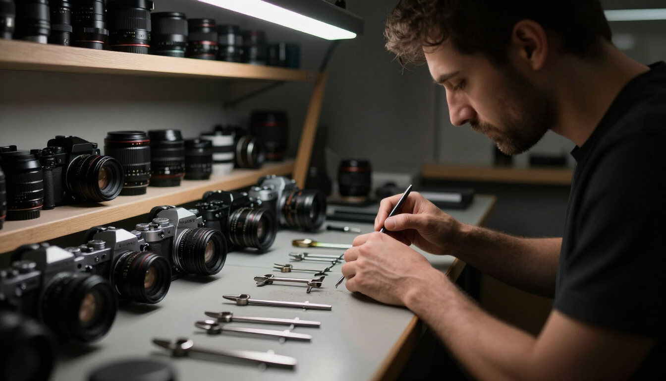 Workshop technician repairing camera