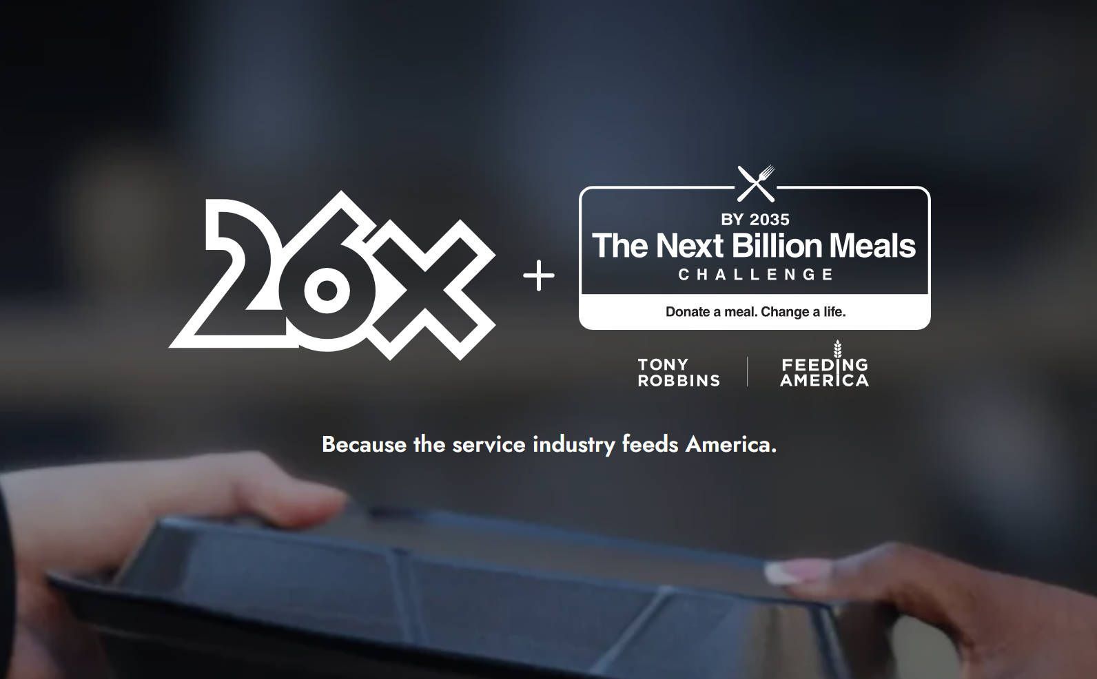 Hands passing a food container, logo 