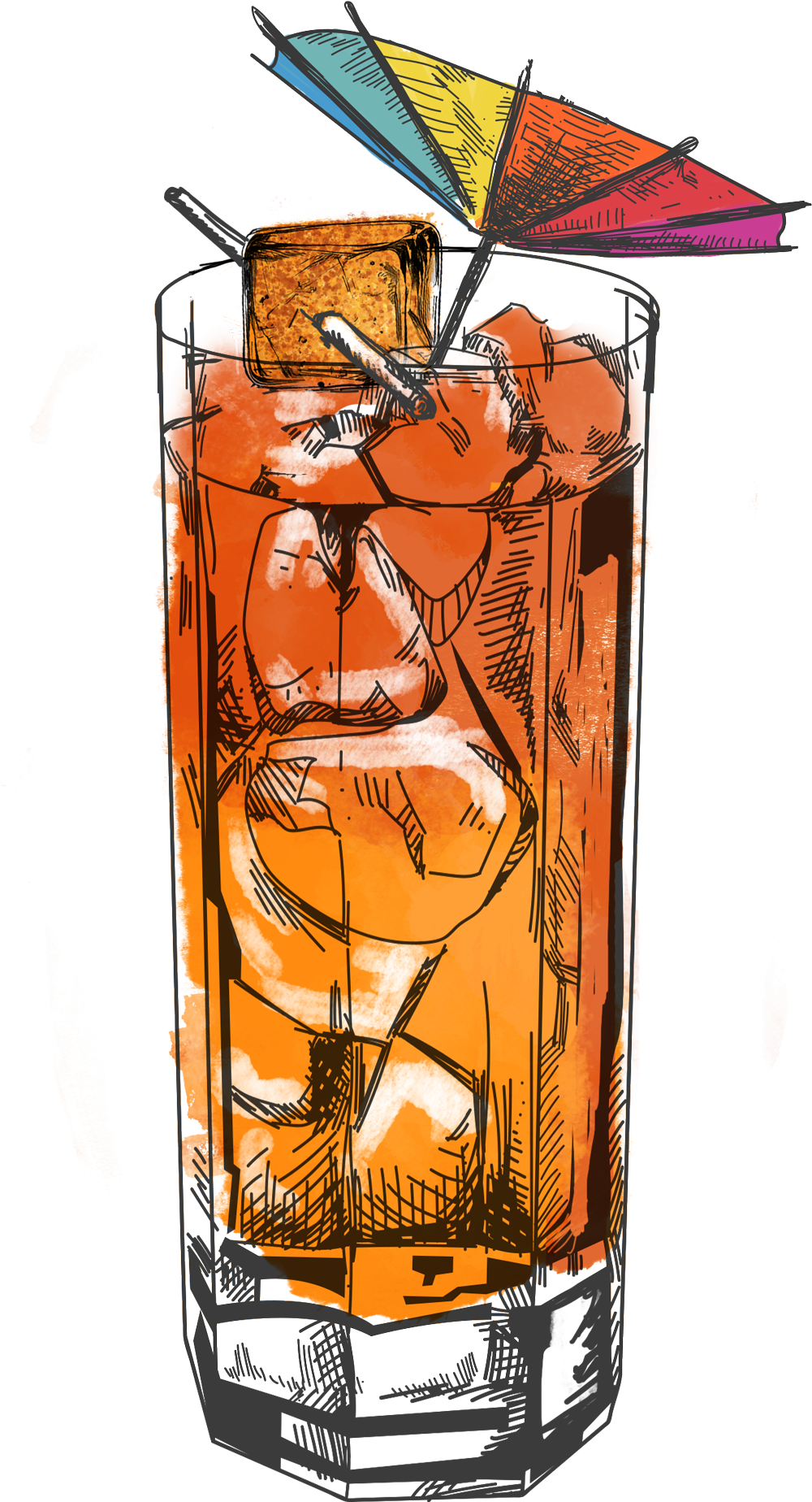 A drawing of a cocktail in a glass with a pineapple slice on top.