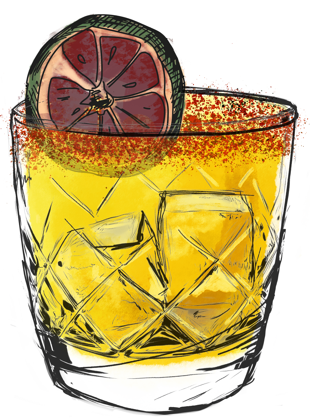 A drawing of a drink with ice and a slice of orange.