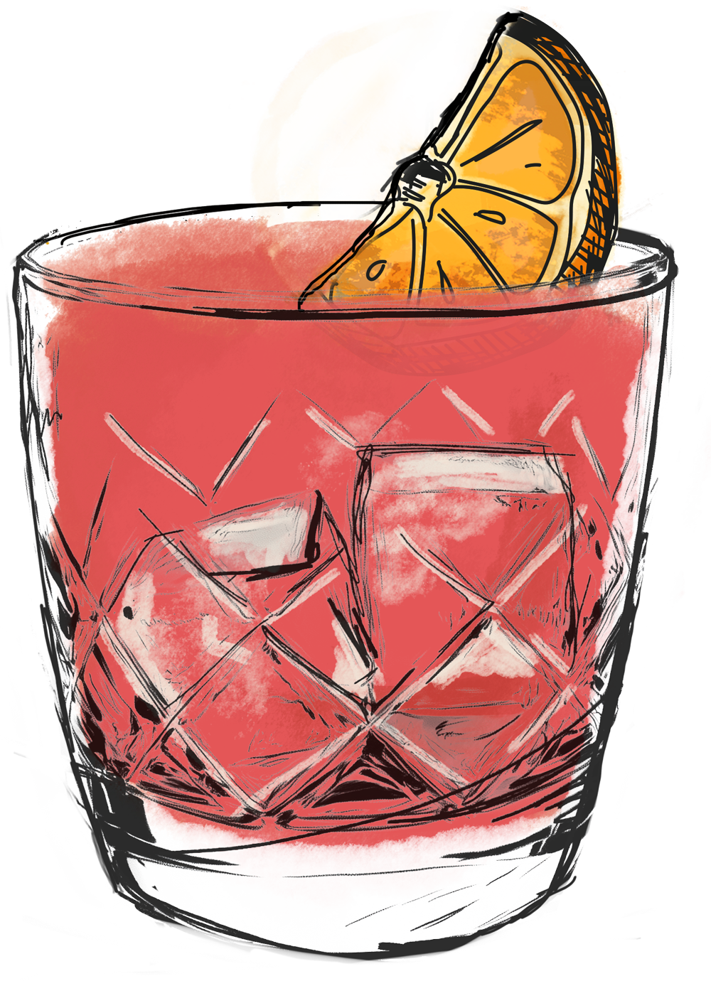 A drawing of a cocktail in a tall glass with a cherry on top.