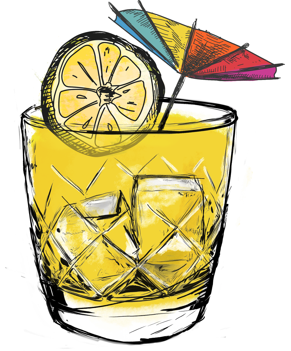 A drawing of a glass of whiskey with ice cubes and steam coming out of it.